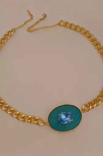 Gold plated turquoise blue stone chain necklace