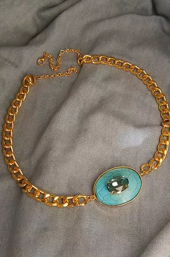 Gold plated turquoise blue stone chain necklace