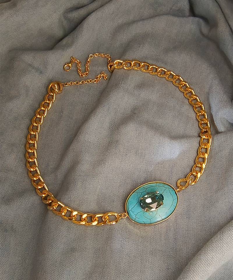 Gold plated turquoise blue stone chain necklace