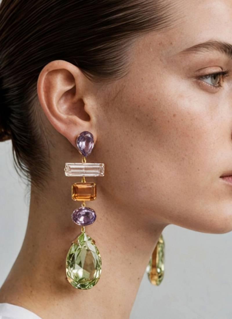 Gold plated multicolor crystal stones dangler earrings