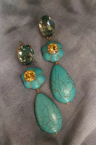 Gold plated turquoise blue stone citrine dangler earrings
