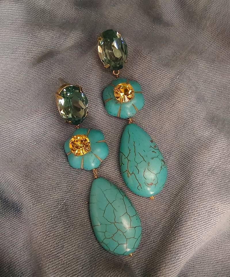 Gold plated turquoise blue stone citrine dangler earrings