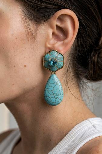 Gold plated turquoise blue stone dangler earrings