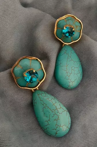 Gold plated turquoise blue stone dangler earrings