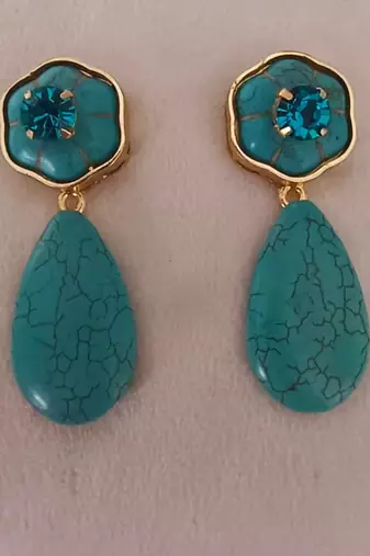 Gold plated turquoise blue stone dangler earrings