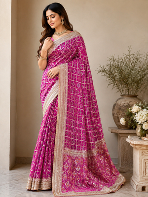 Dark Pink Color Zari Weaving Work Silk Blend Saree 1