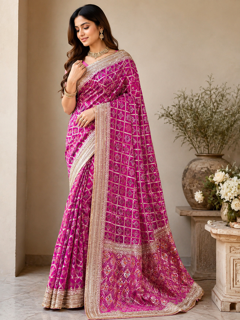 Dark Pink Color Zari Weaving Work Silk Blend Saree