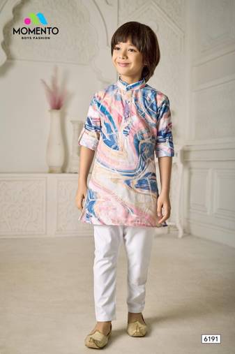 boys cotton kurta light pink with blue print festive ethnic wear