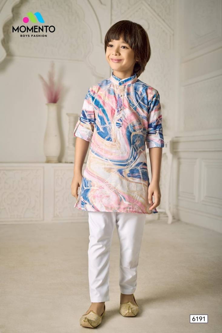 boys cotton kurta light pink with blue print festive ethnic wear