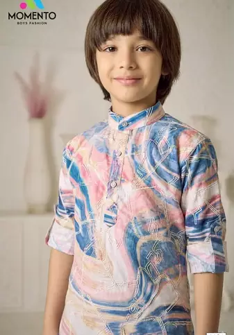 boys cotton kurta light pink with blue print festive ethnic wear