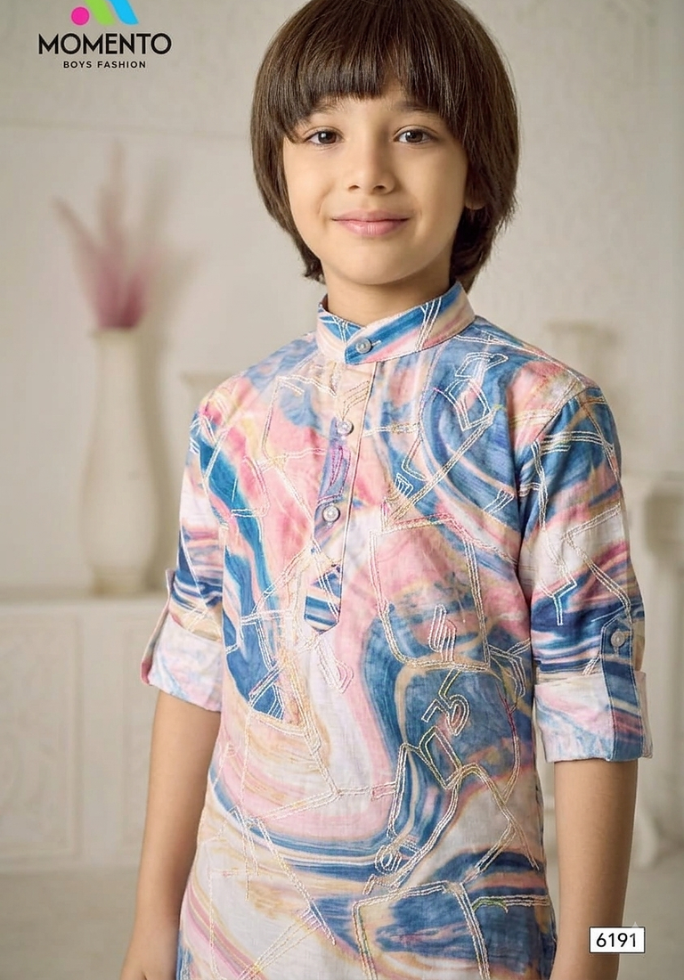 boys cotton kurta light pink with blue print festive ethnic wear