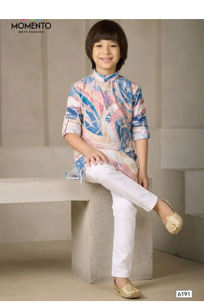 boys cotton kurta light pink with blue print festive ethnic wear 4
