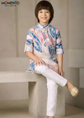 boys cotton kurta light pink with blue print festive ethnic wear