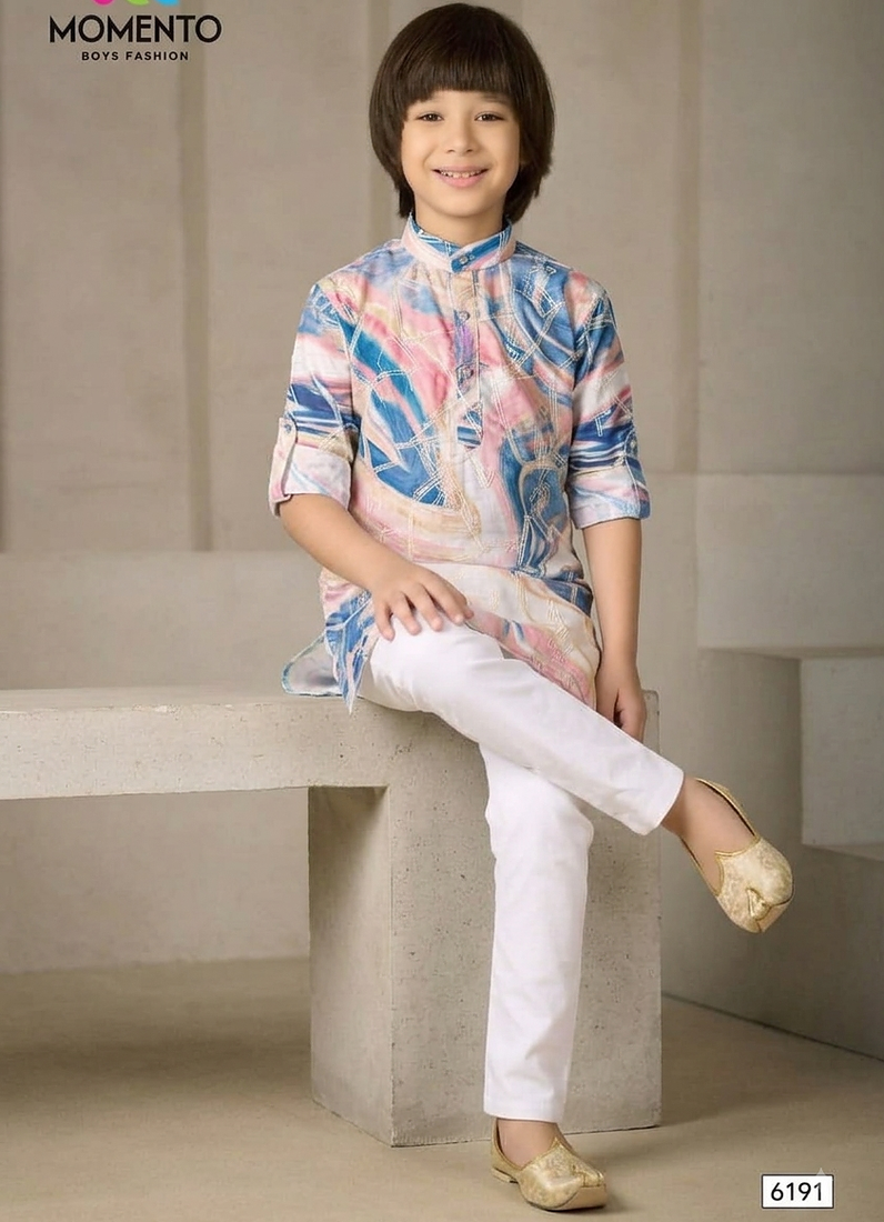 boys cotton kurta light pink with blue print festive ethnic wear