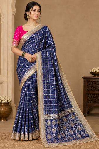 Blue Color Zari Weaving Work Silk Blend Saree