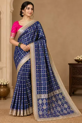 Blue Color Zari Weaving Work Silk Blend Saree