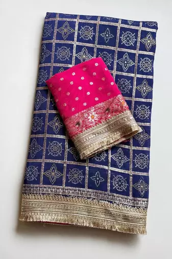 Blue Color Zari Weaving Work Silk Blend Saree