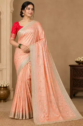 Peach Color Zari Weaving Work Silk Blend Saree