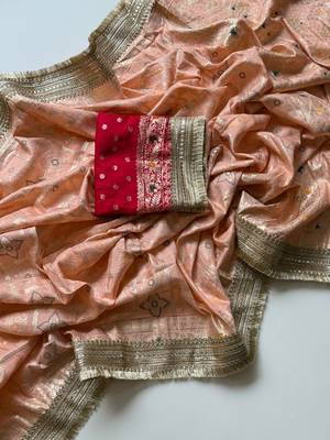 Peach Color Zari Weaving Work Silk Blend Saree 3