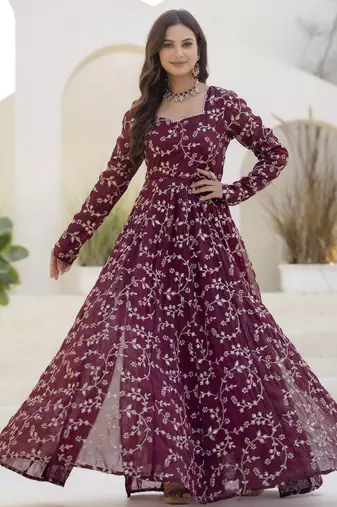 Ftdiva women burgundy color long front cut long kurta with pant