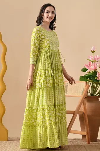 Ftdiva women's  embroidered anarkali green printed kurti in rayon