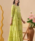 Ftdiva women's  embroidered anarkali green printed kurti in rayon