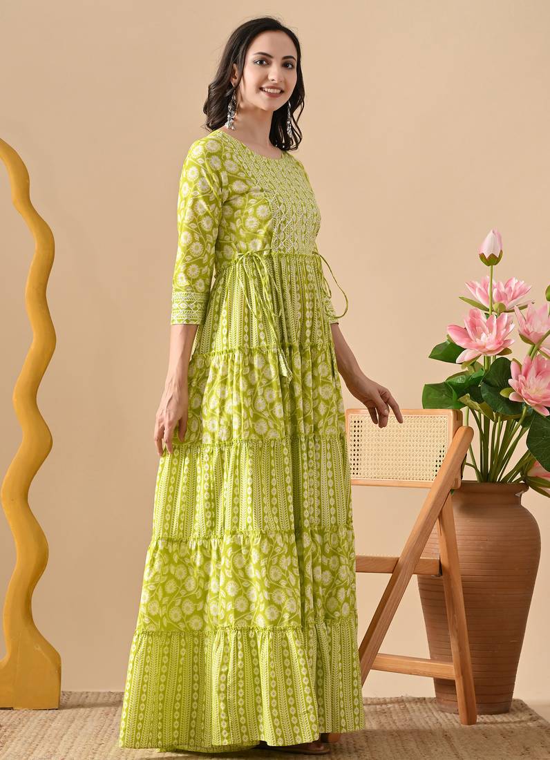 Ftdiva women's  embroidered anarkali green printed kurti in rayon