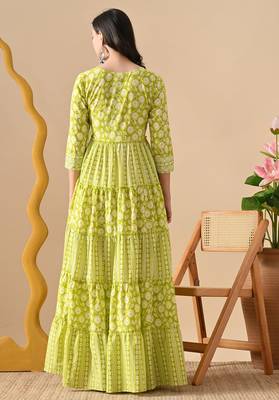 Ftdiva women's  embroidered anarkali green printed kurti in rayon 2