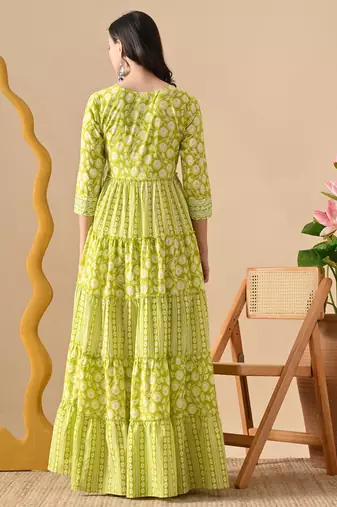 Ftdiva women's  embroidered anarkali green printed kurti in rayon