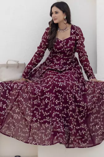 Ftdiva women burgundy color long front cut long kurta with pant