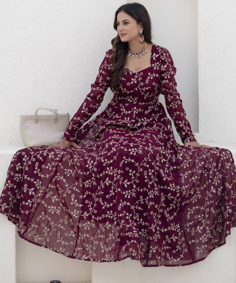 Ftdiva women burgundy color long front cut long kurta with pant