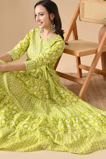 Ftdiva women's  embroidered anarkali green printed kurti in rayon