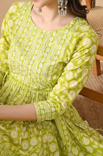 Ftdiva women's  embroidered anarkali green printed kurti in rayon