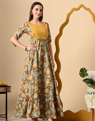 Ftdiva women's  embroidered anarkali yellow printed kurti in rayon 1
