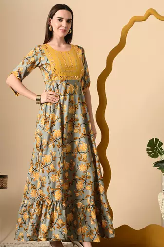 Ftdiva women's  embroidered anarkali yellow printed kurti in rayon