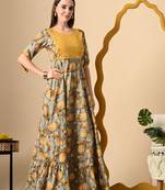 Ftdiva women's  embroidered anarkali yellow printed kurti in rayon
