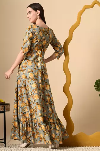 Ftdiva women's  embroidered anarkali yellow printed kurti in rayon