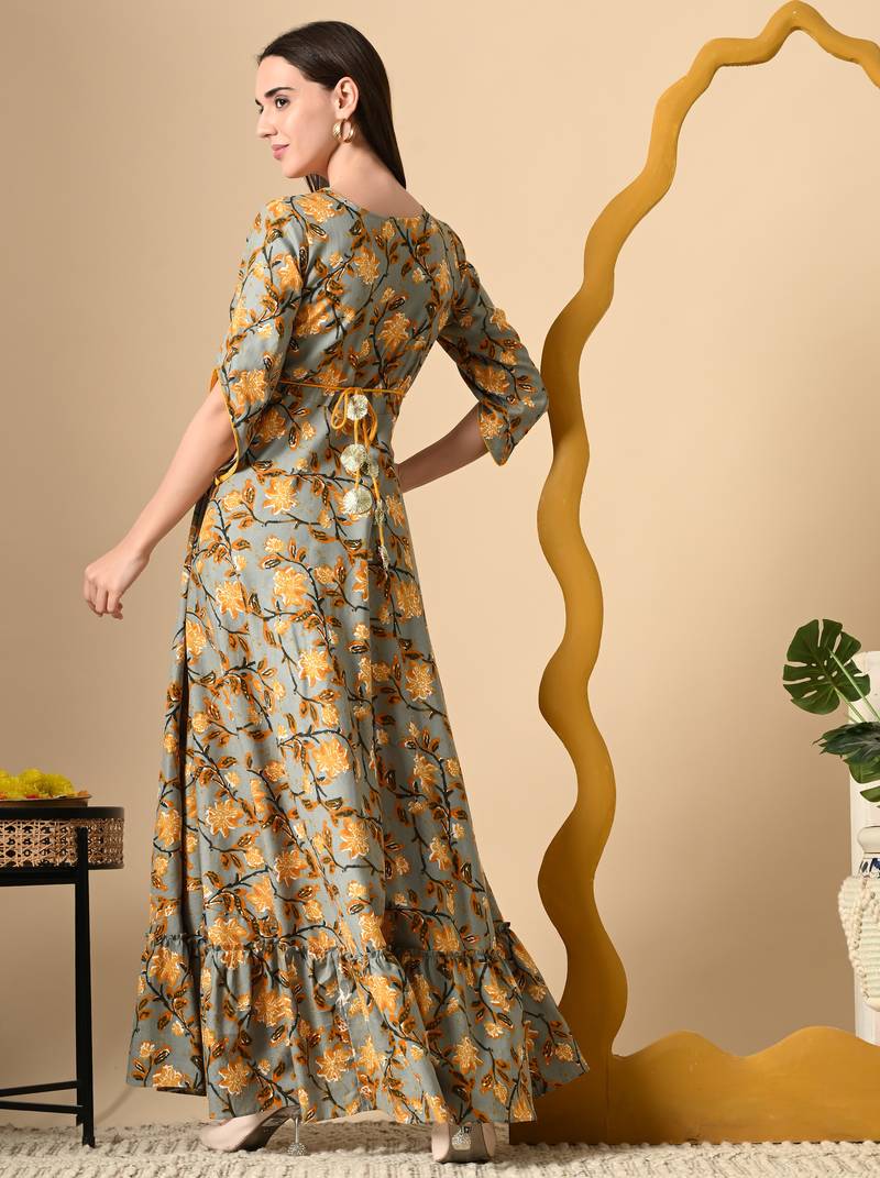 Ftdiva women's  embroidered anarkali yellow printed kurti in rayon
