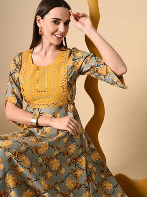 Ftdiva women's  embroidered anarkali yellow printed kurti in rayon 3