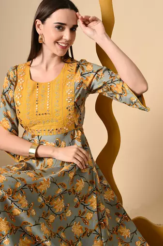Ftdiva women's  embroidered anarkali yellow printed kurti in rayon