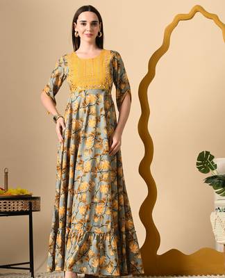 Ftdiva women's  embroidered anarkali yellow printed kurti in rayon 4
