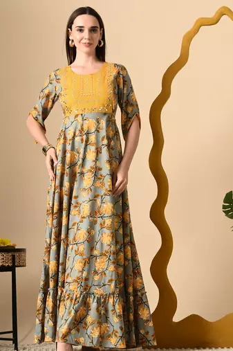Ftdiva women's  embroidered anarkali yellow printed kurti in rayon