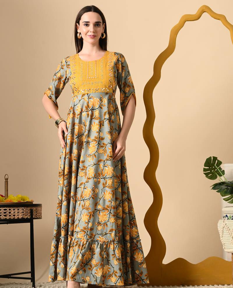Ftdiva women's  embroidered anarkali yellow printed kurti in rayon