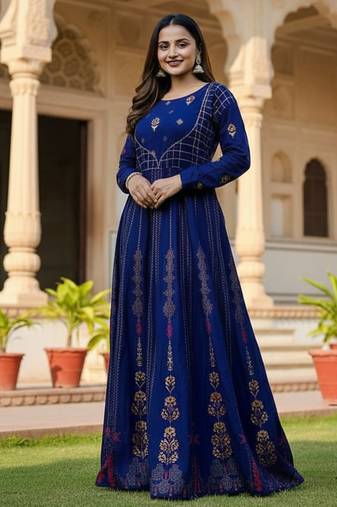 Ftdiva paisley printed anarkali kurta in blue