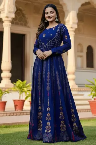 Ftdiva paisley printed anarkali kurta in blue