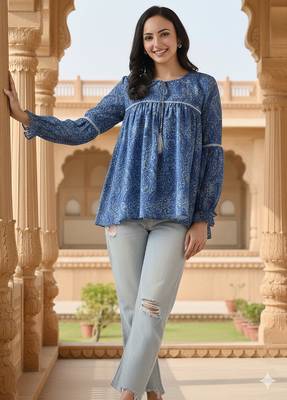 Ftdiva women's blue printed kruti in rayon 1