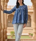 Ftdiva women's blue printed kruti in rayon