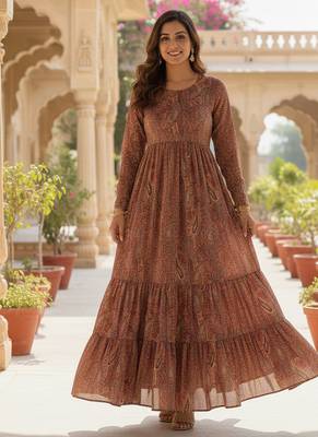 Ftdiva women's embroidebrown anarkali brown printed kurti in rayon 1