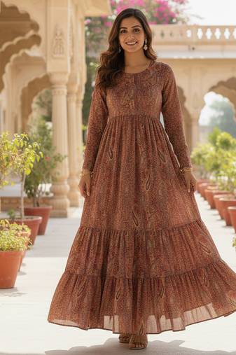 Ftdiva women's embroidebrown anarkali brown printed kurti in rayon