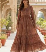 Ftdiva women's embroidebrown anarkali brown printed kurti in rayon